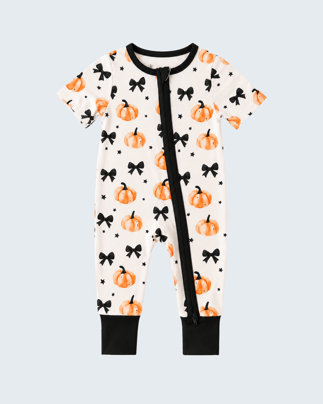 Bamboo zip romper with orange pumpkins, black bows, black trim, short sleeves