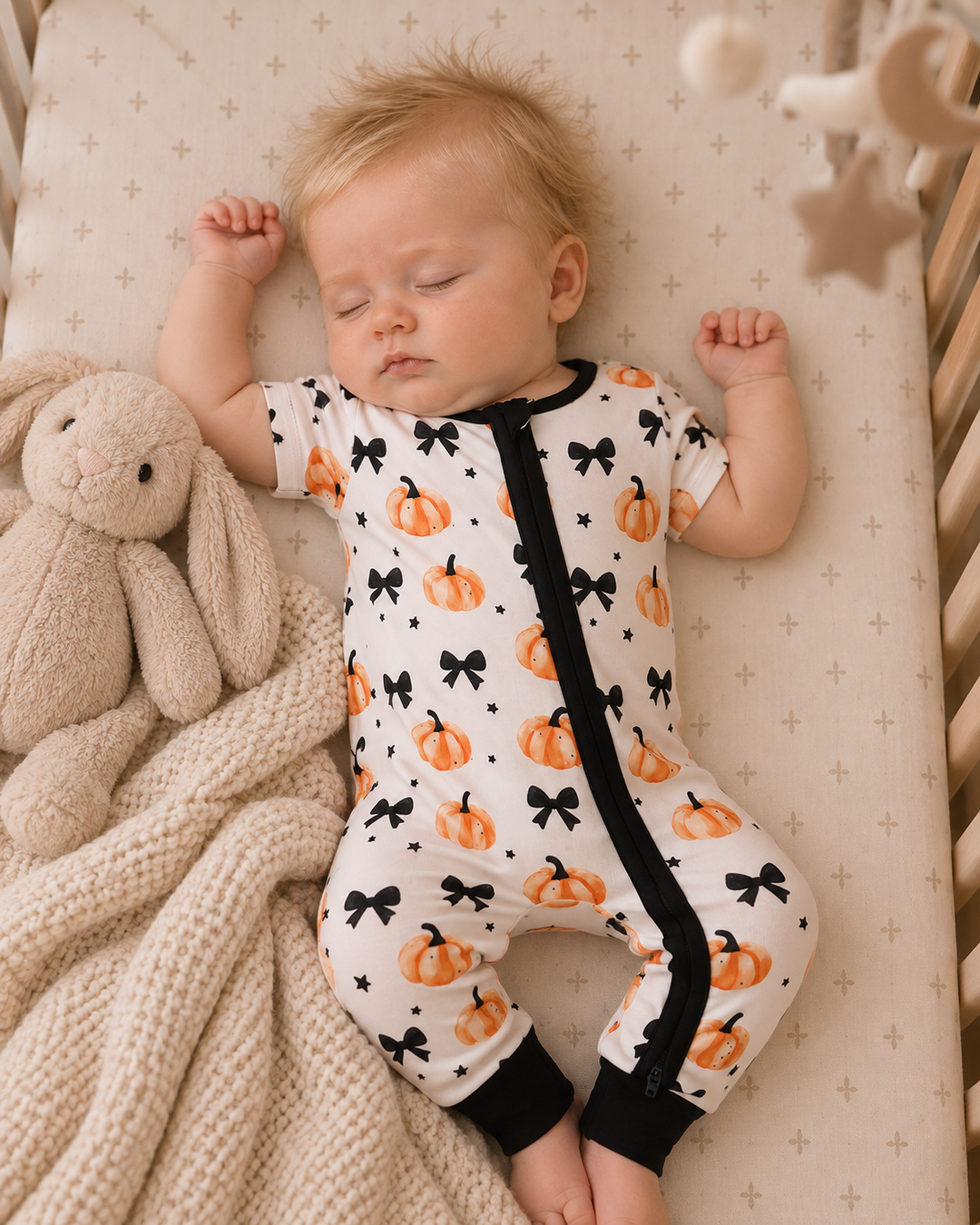 Bamboo zip romper with pumpkin and bow print, black trim, baby wearing it
