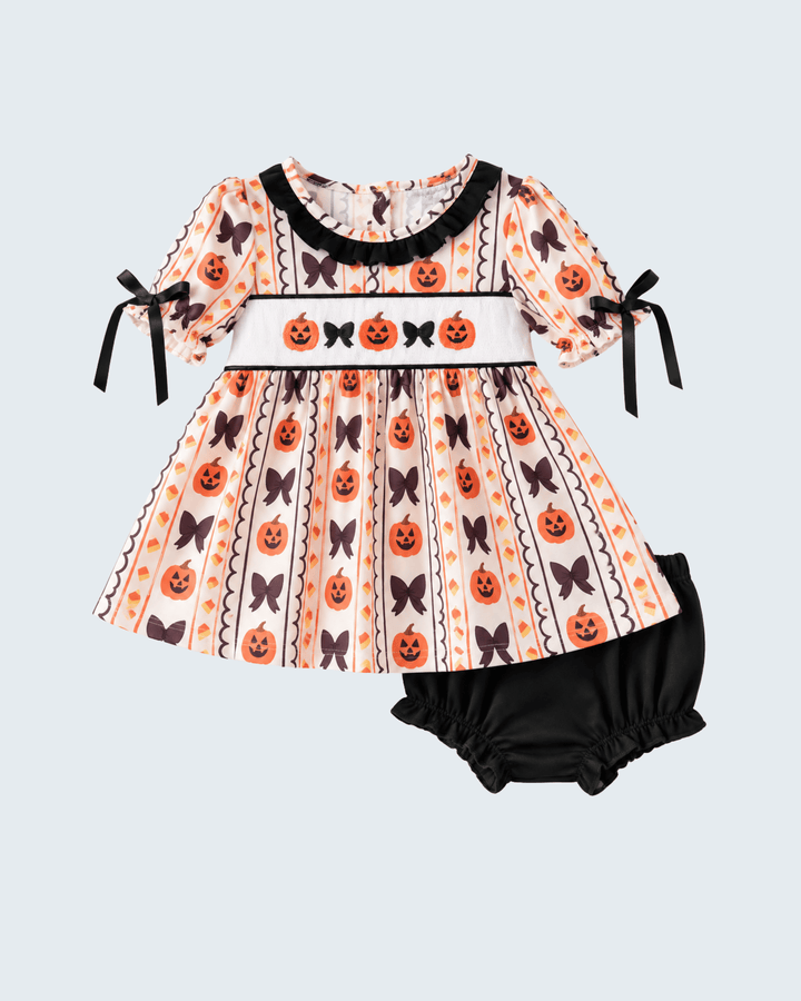 Halloween ruffle dress with orange pumpkin and bat print and matching black bloomers