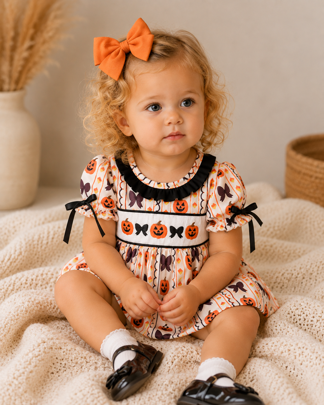 Infant wearing pumpkin-print ruffle bloomer set with orange bow and black trim