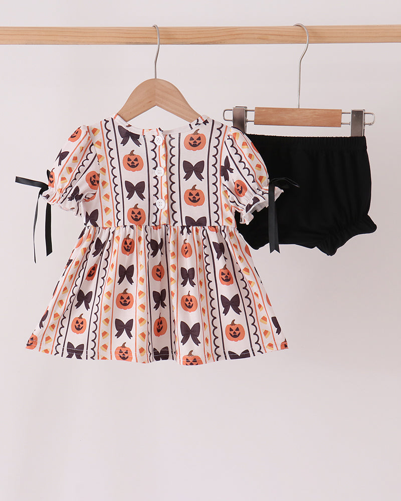 Infant pumpkin print dress top and black bloomers set with bow ties