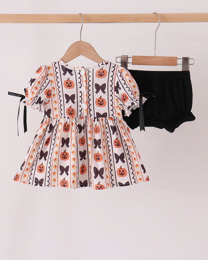Infant pumpkin print dress top and black bloomers set with bow ties