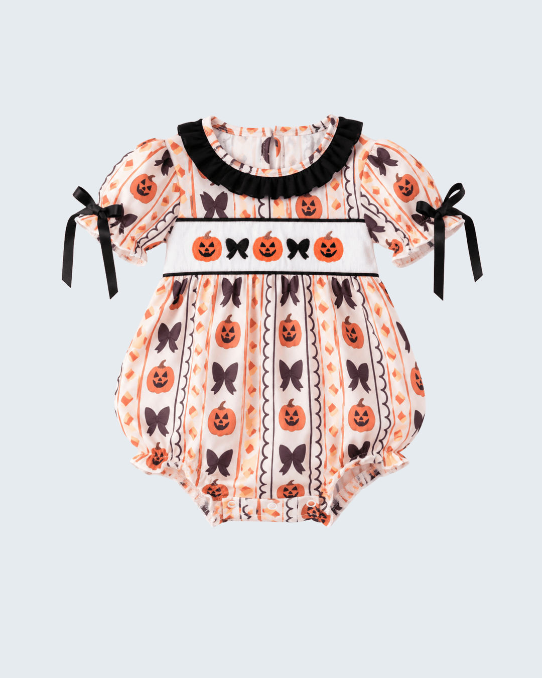 Pumpkin bow embroidered ruffle bubble romper with black-trimmed collar and orange pumpkins