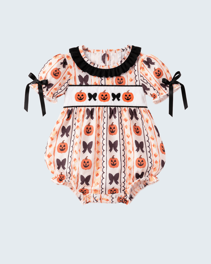 Pumpkin bow embroidered ruffle bubble romper with black-trimmed collar and orange pumpkins