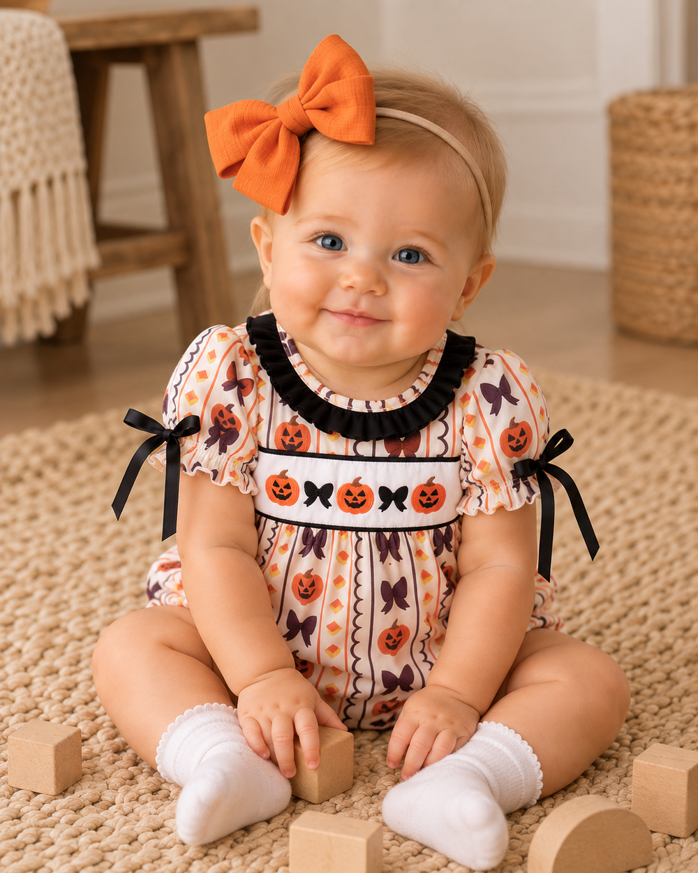 Pumpkin-print baby romper with black ruffle collar, embroidered front, and orange bow straps