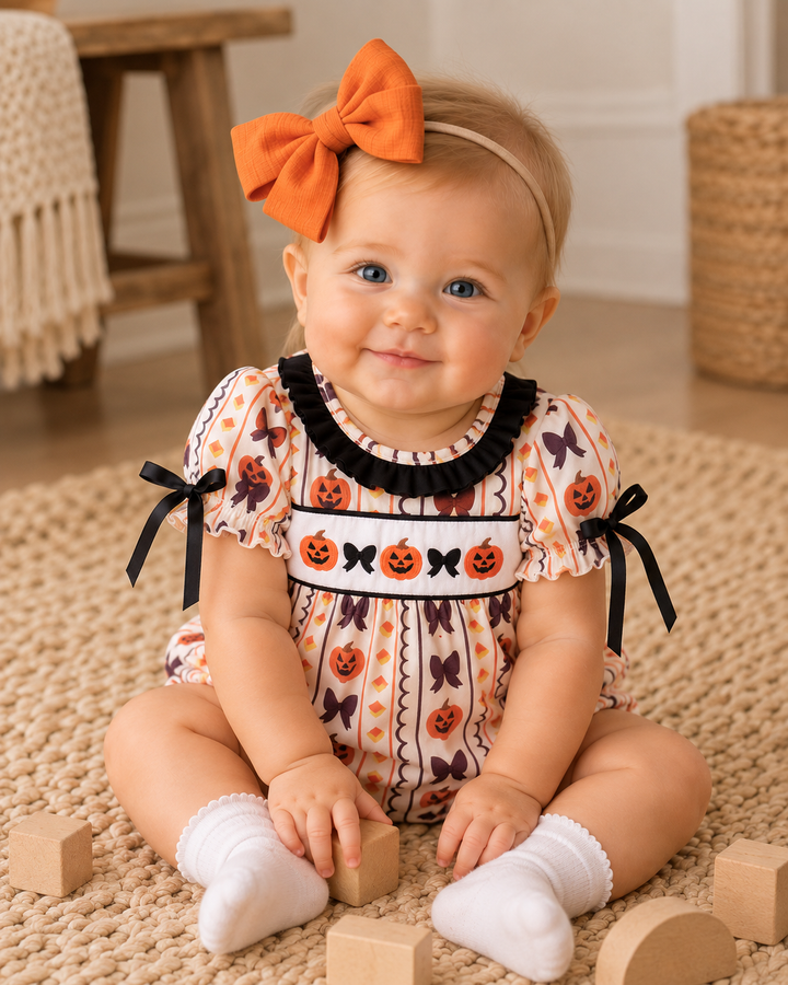 Pumpkin-print baby romper with black ruffle collar, embroidered front, and orange bow straps