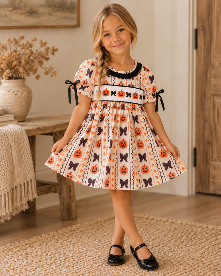 Embroidered pumpkin-print ruffle dress with ribbon-tied sleeves, full skirt and black trim