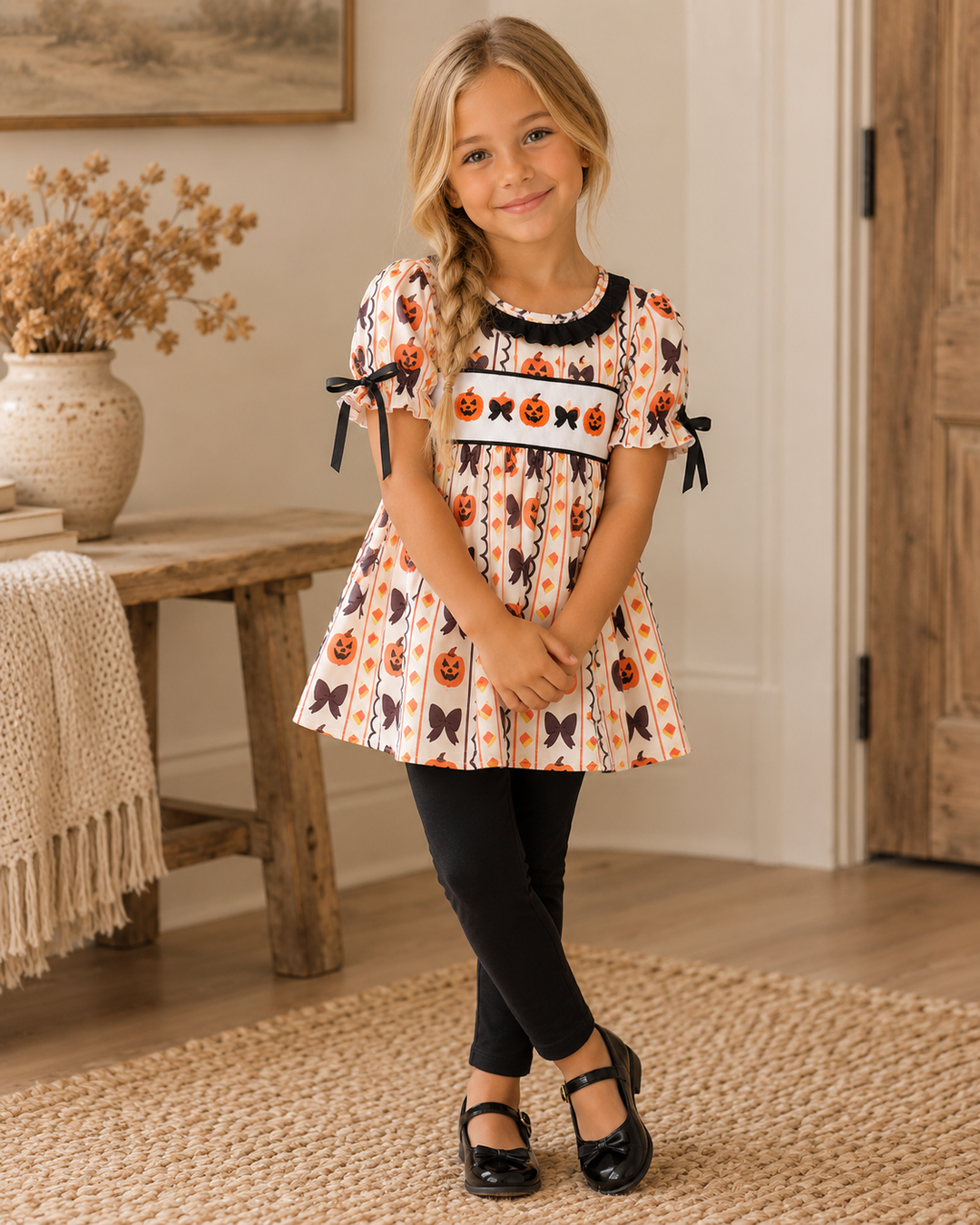 Child wearing pumpkin-and-bat ruffle dress with black leggings and bow sleeves