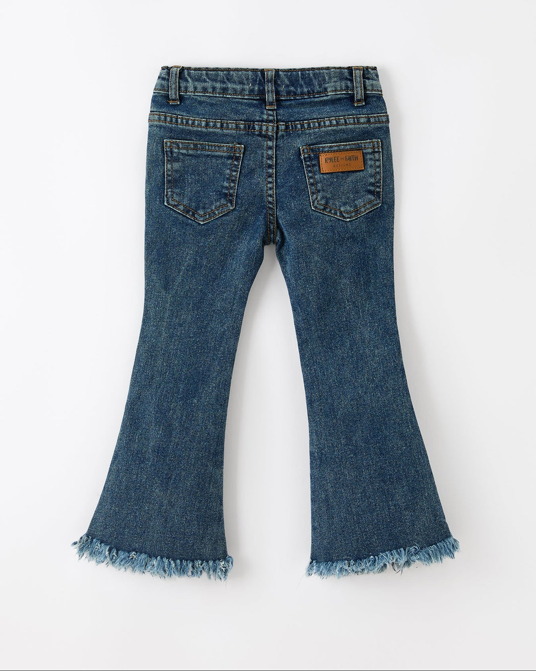 Blue flare jeans with frayed hem and small orange pumpkin embroidery