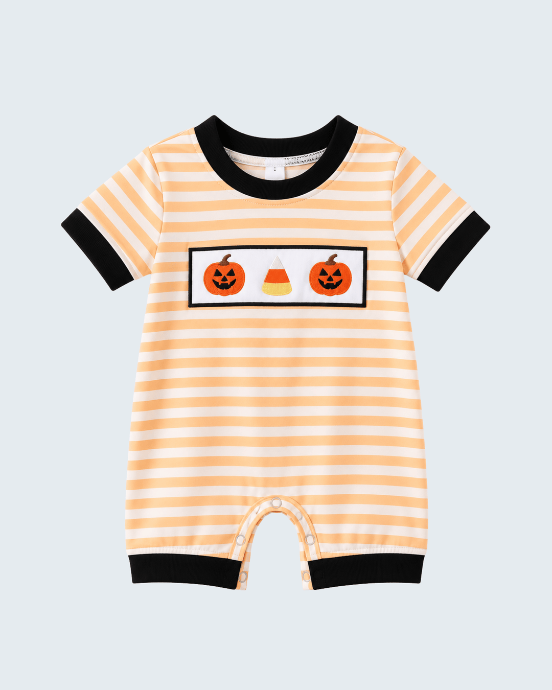 Striped baby romper with black trim and pumpkin and candy corn chest embroidery