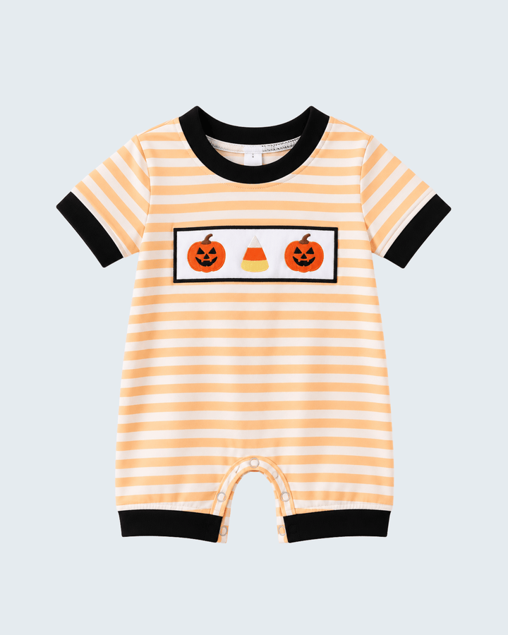 Striped baby romper with black trim and pumpkin and candy corn chest embroidery