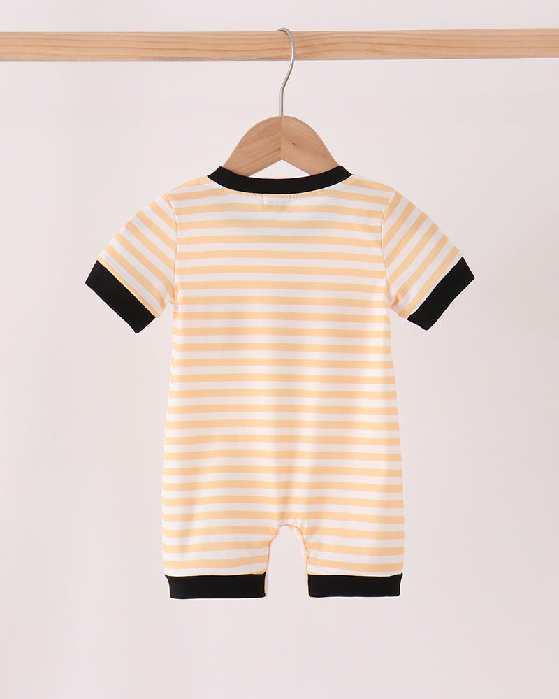 Striped romper with black-trimmed collar and short sleeves