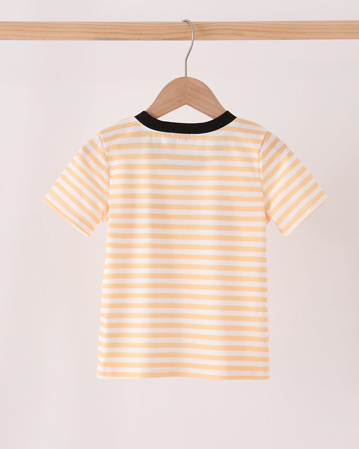 Orange and white striped short sleeve top with black crew neck, plain back