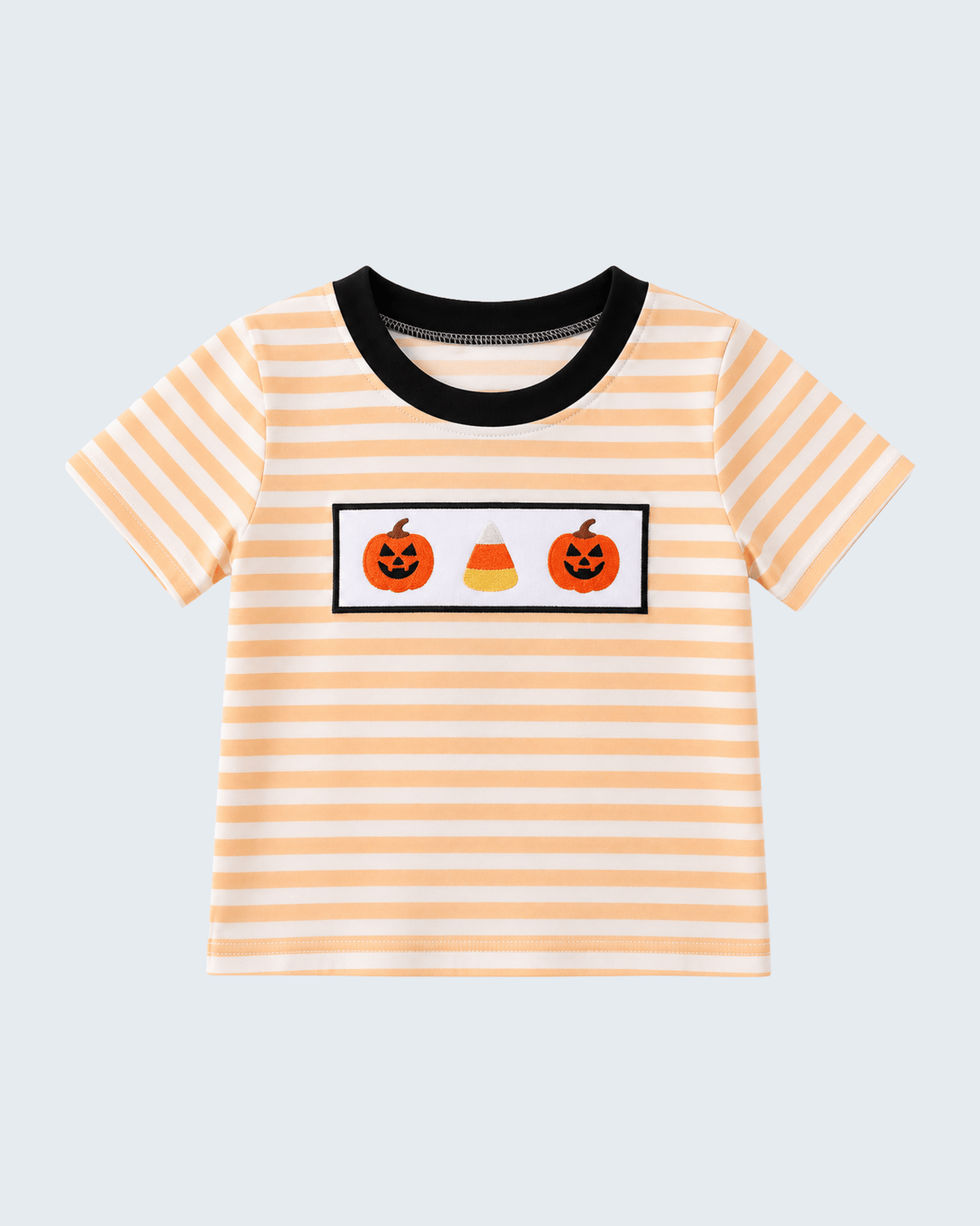 Orange striped top with black crew neck and pumpkin embroidered chest patch