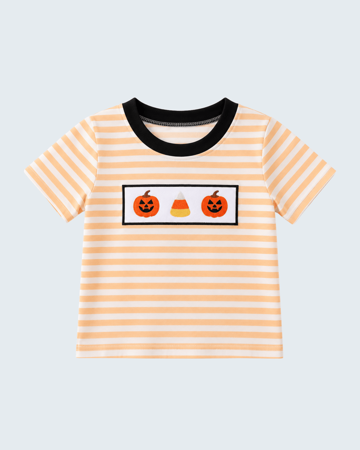 Orange striped top with black crew neck and pumpkin embroidered chest patch