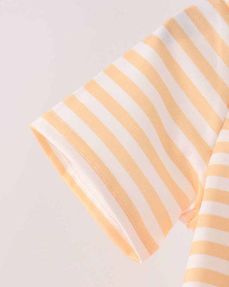 Orange and white striped short sleeve shirt with rounded hem