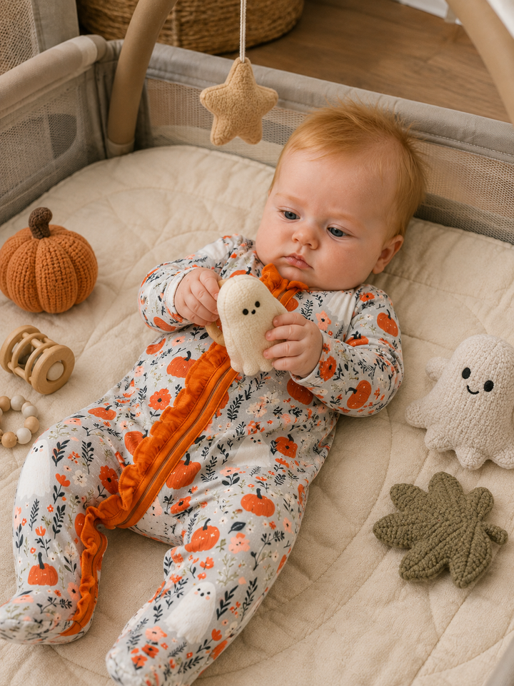 A baby lying on a quilted cream mattress in a playpen, wearing a white footed sleeper with an orange pumpkin and leaf pattern and an orange zipper. The baby is holding a plush ghost toy, with other autumn-themed toys nearby.