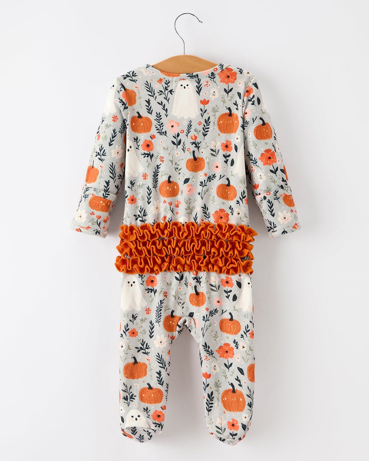 Baby Halloween pumpkin ghost zip romper, back view with orange ruffled waist and floral print
