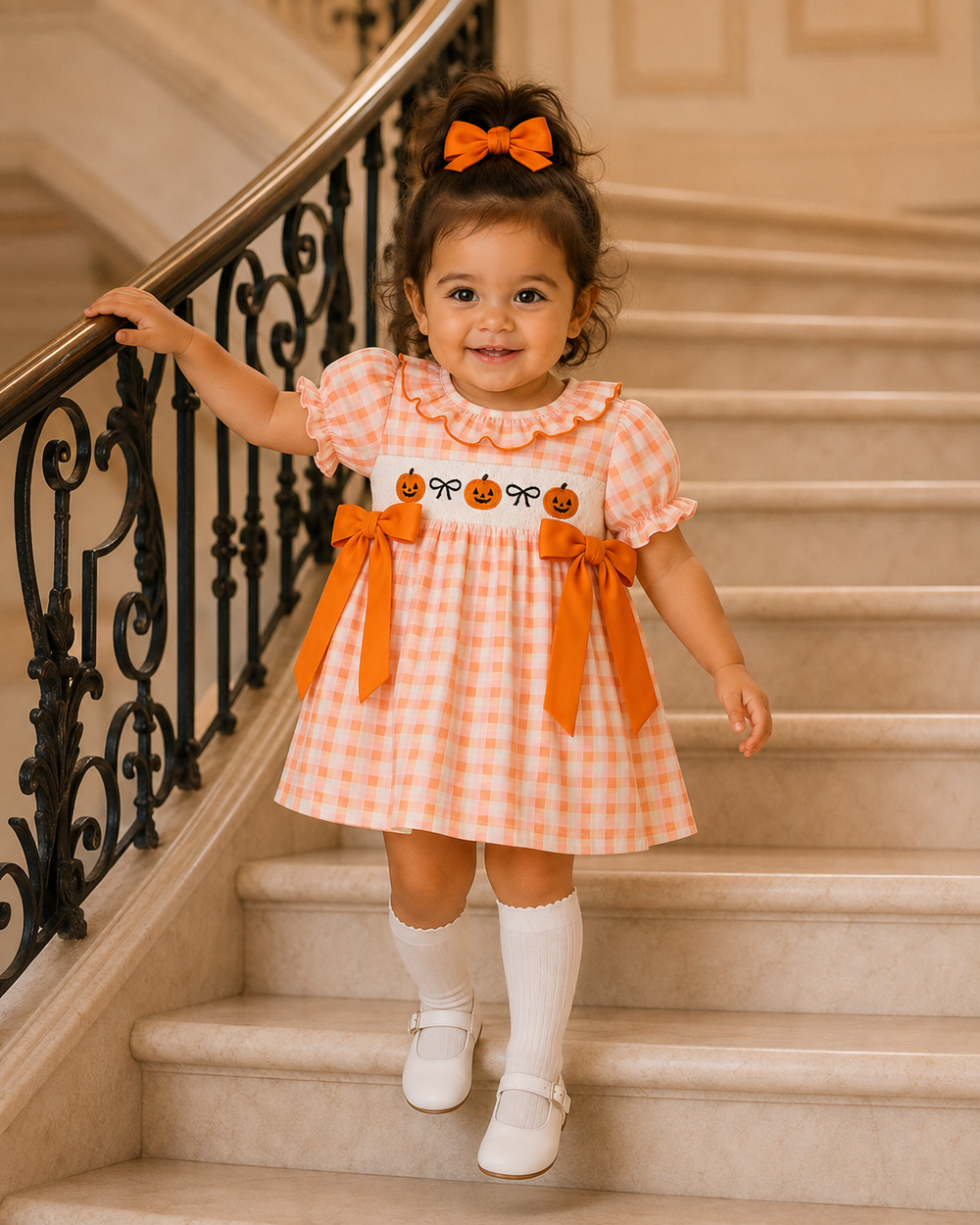Kids plaid bow dress in orange and white with pumpkin graphic and ruffled collar