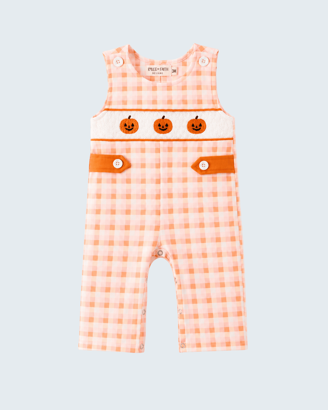 Orange gingham plaid jon jon with pumpkin print bib and front snaps