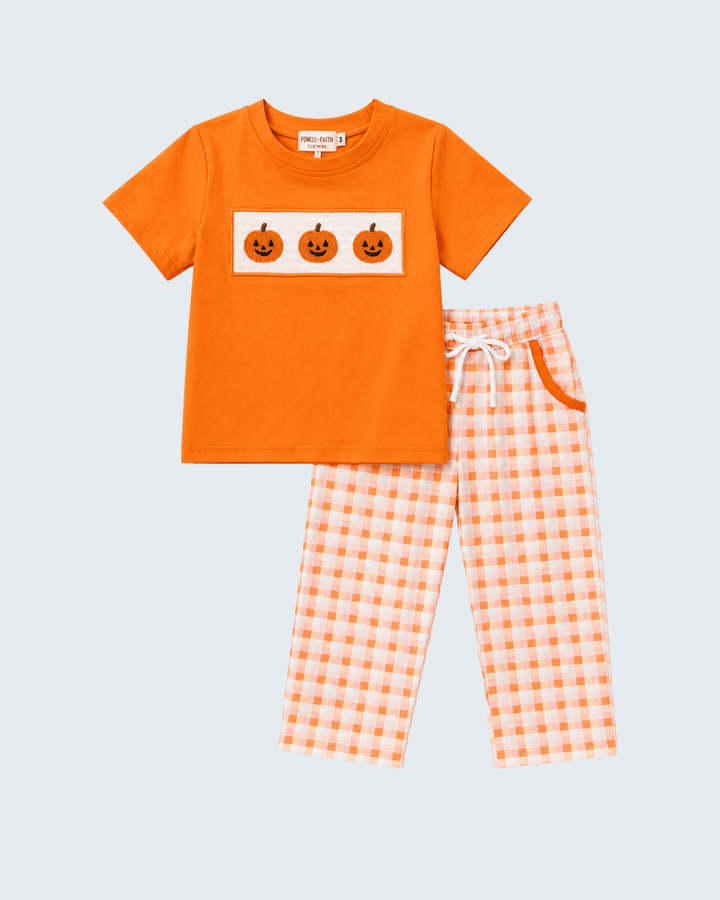 Kids orange T-shirt with pumpkin graphic and matching orange plaid pants set