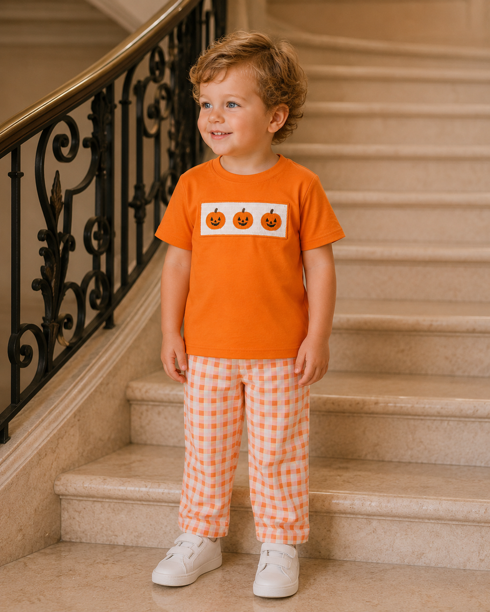 Boys orange T-shirt with pumpkin graphic and orange gingham plaid pants, full outfit