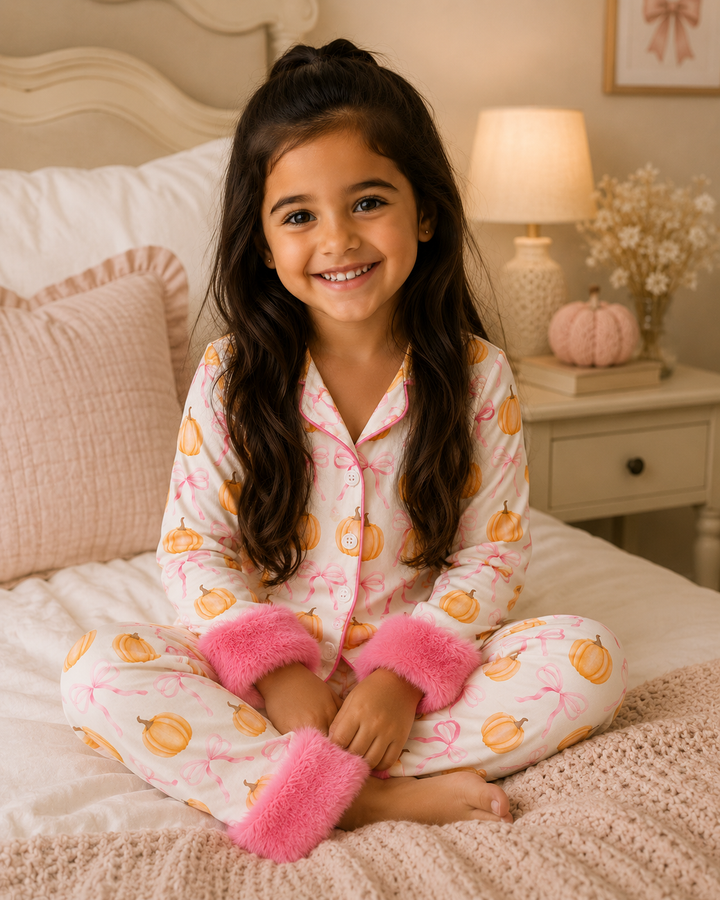A young girl with long dark hair sits cross-legged on a cozy bed wearing a white pajama set with a pumpkin print and bright pink fuzzy cuffs. The room has warm, soft lighting, a bedside table with a lamp, and a neutral-toned headboard in the background.