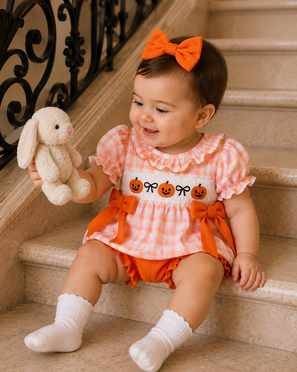 Baby wearing orange plaid pumpkin bow bloomer set, orange neck bow and ruffled sleeves