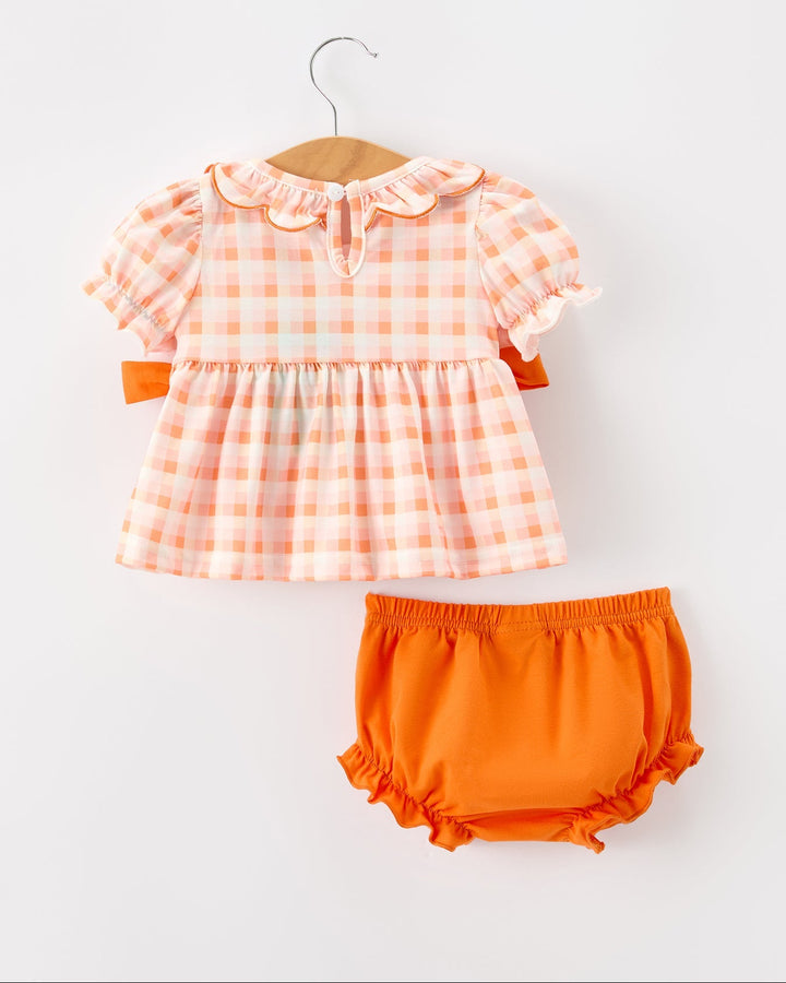 Girls pumpkin plaid bloomer set with check dress top and orange elastic-waist bloomer shorts