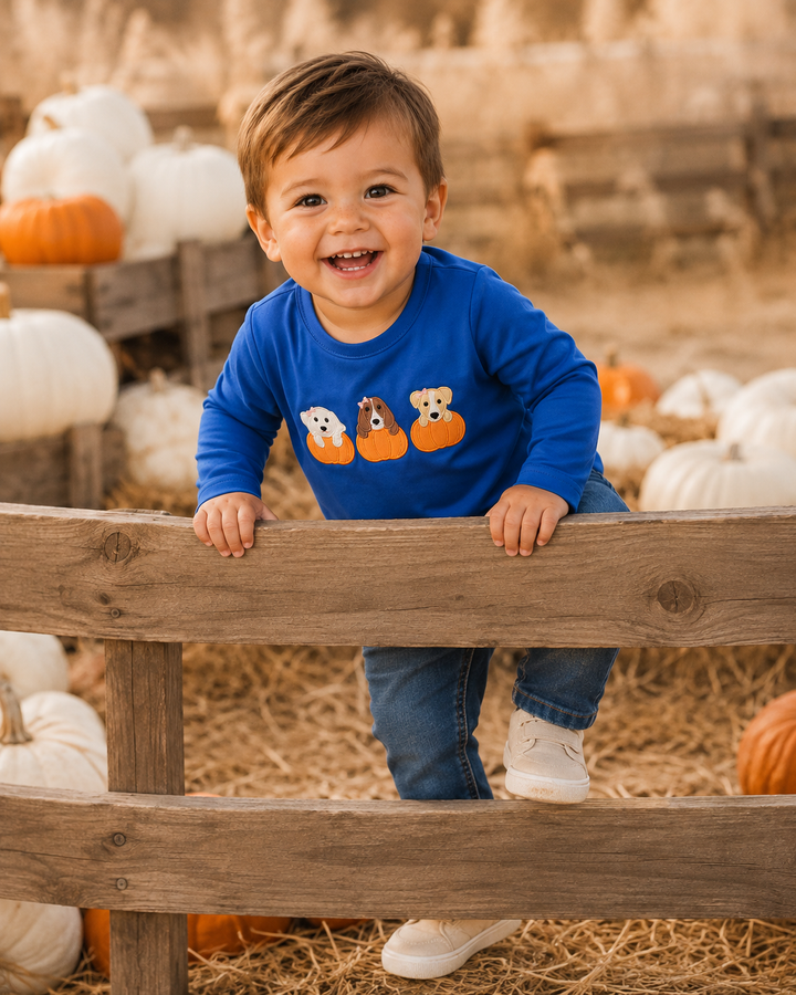 Child wearing blue long-sleeve top with embroidered pumpkin dog trio on front