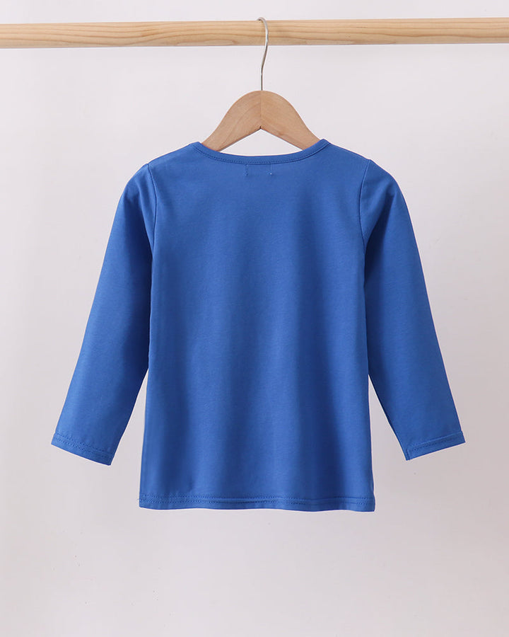 Blue long-sleeve top, back view with crew neckline