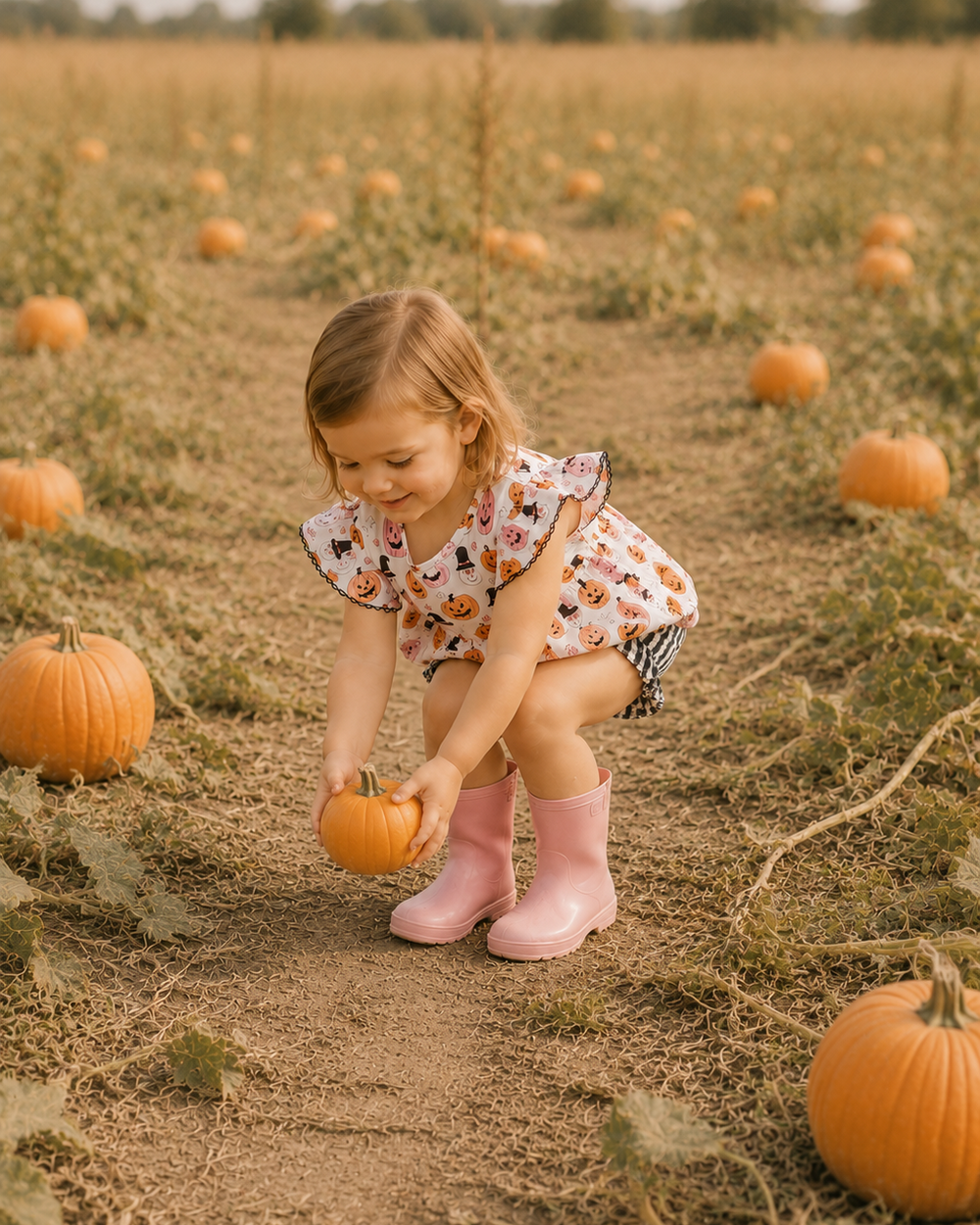 Child wearing pumpkin print ruffle top and black-and-white checkered bloomers