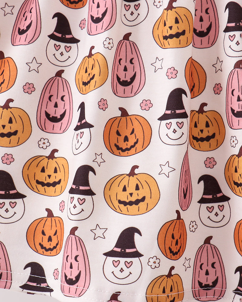 Pumpkin-themed ruffle bloomer set top, all-over jack-o-lantern and ghost print