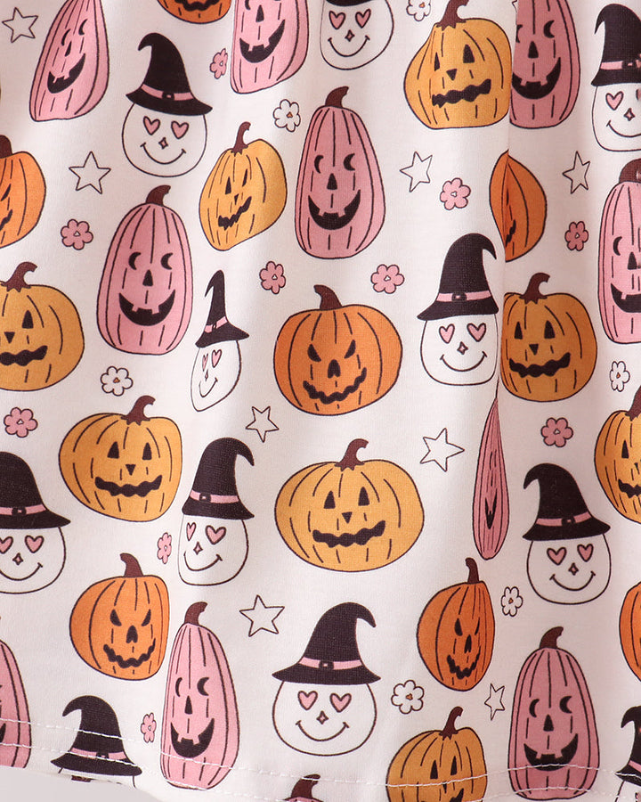 Pumpkin-themed ruffle bloomer set top, all-over jack-o-lantern and ghost print