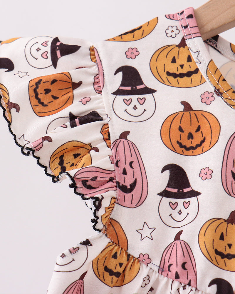 Pumpkin-themed ruffle bloomer set top with scalloped ruffle neckline and sleeve edge