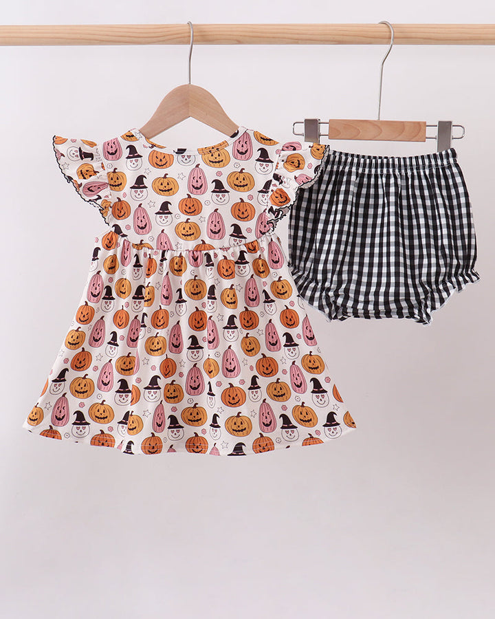 Pumpkin ruffle bloomer set: printed flutter top and black-and-white gingham bloomers