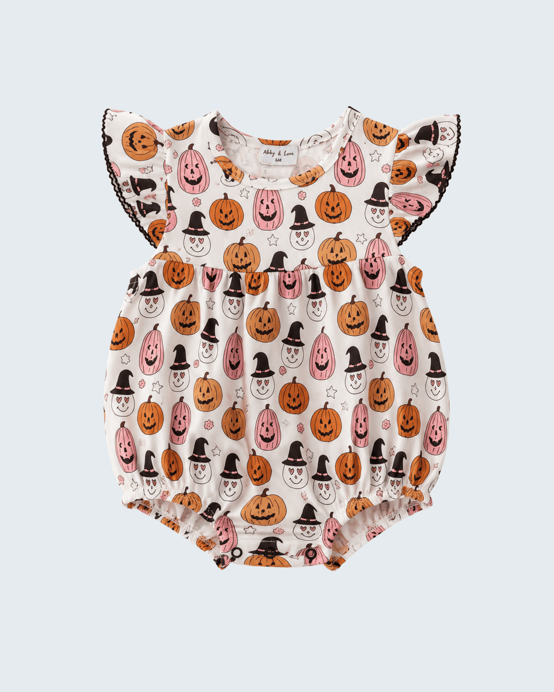 Baby Halloween ruffle romper, white with orange pumpkins and pink character pattern