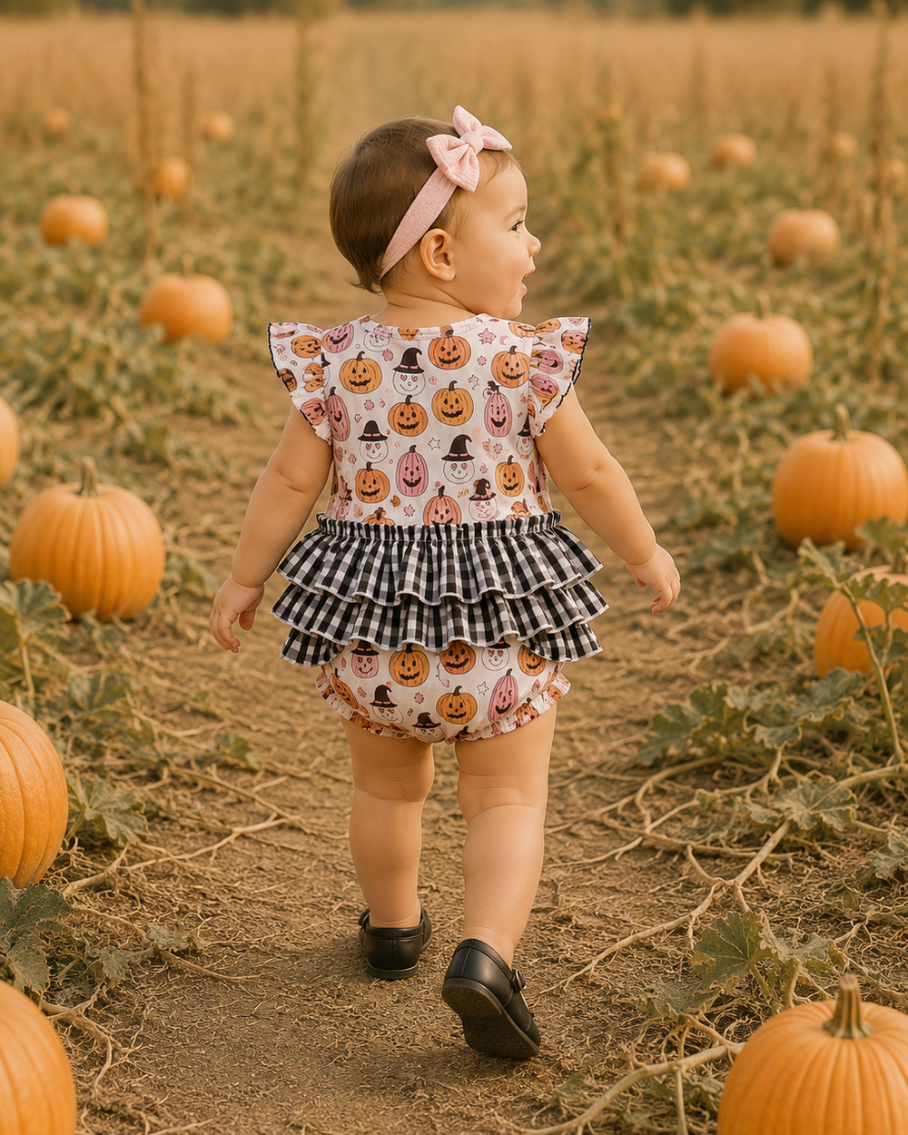 Baby girl Halloween romper with flutter sleeves, pumpkin print top, and striped ruffled skirt