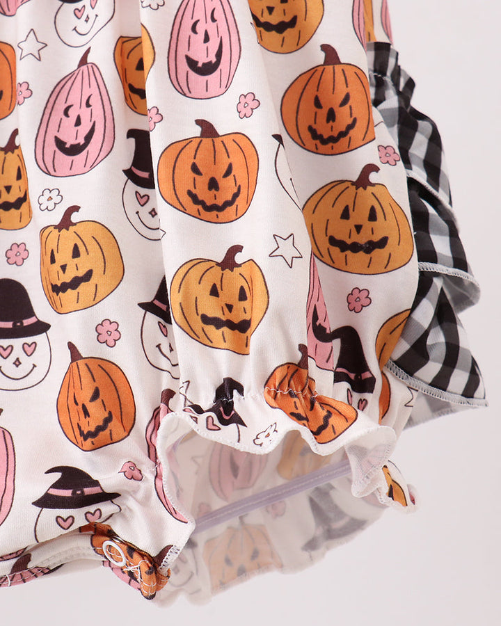 Halloween ruffle bubble romper in white with orange pumpkin and pink character prints