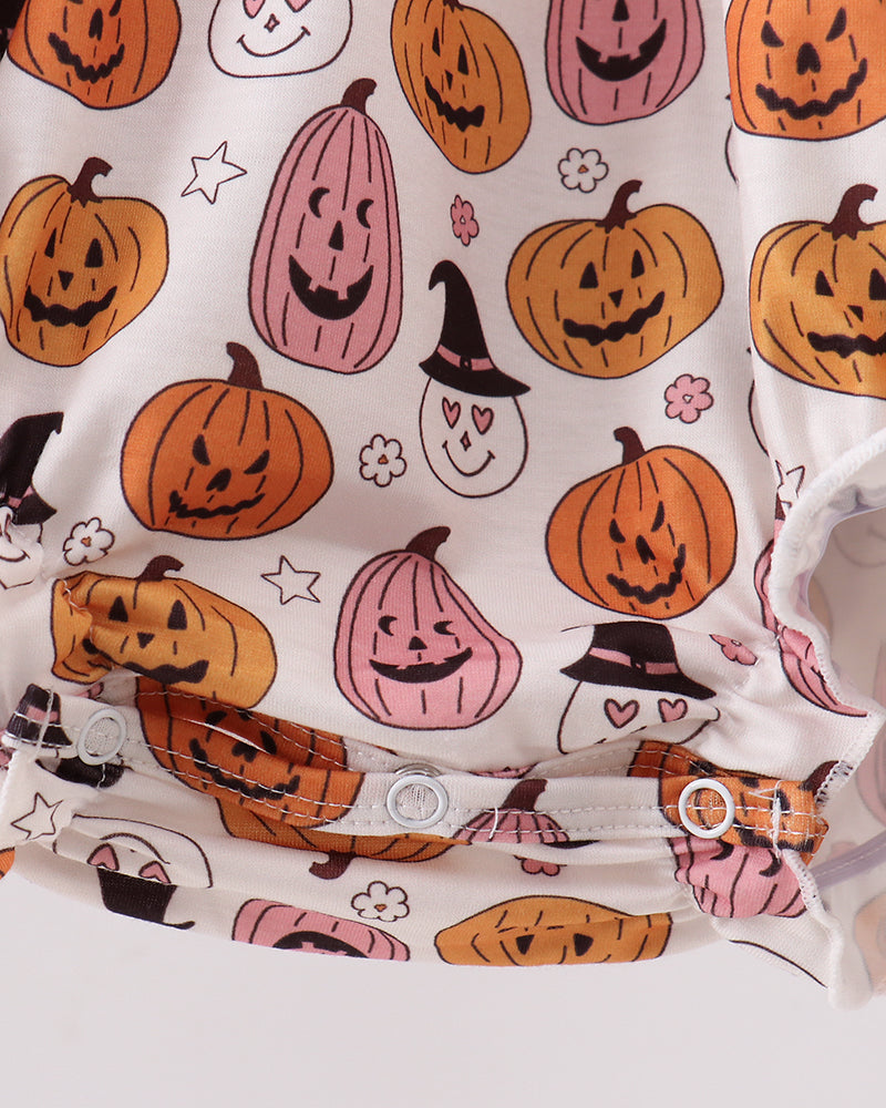 Halloween ruffle bubble romper: white fabric with pumpkin graphics and waist snaps