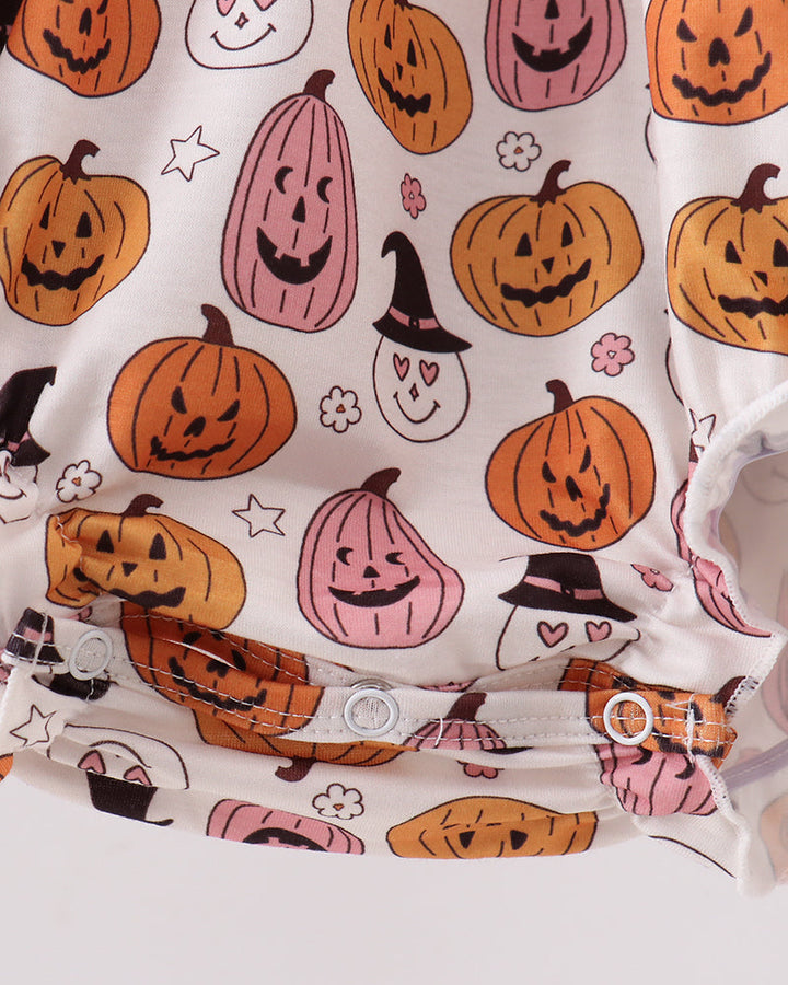Halloween ruffle bubble romper: white fabric with pumpkin graphics and waist snaps