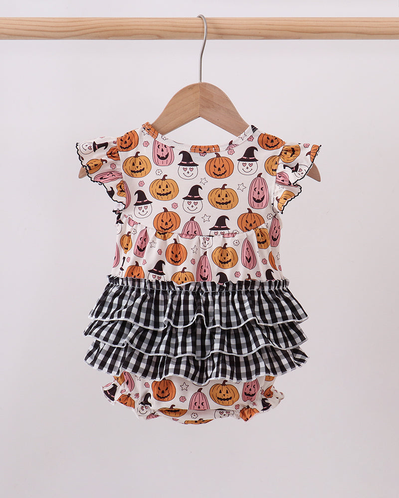 Baby Halloween romper with flutter sleeves and layered ruffle skirt in pumpkin print