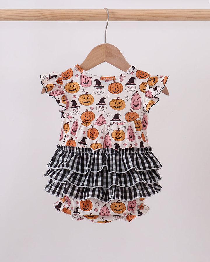 Baby Halloween romper with flutter sleeves and layered ruffle skirt in pumpkin print