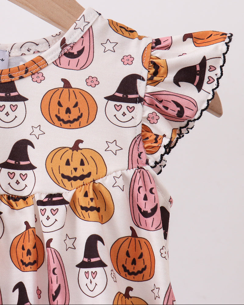 Halloween bubble romper close-up: flutter sleeves with pumpkin, ghost and witch hat print