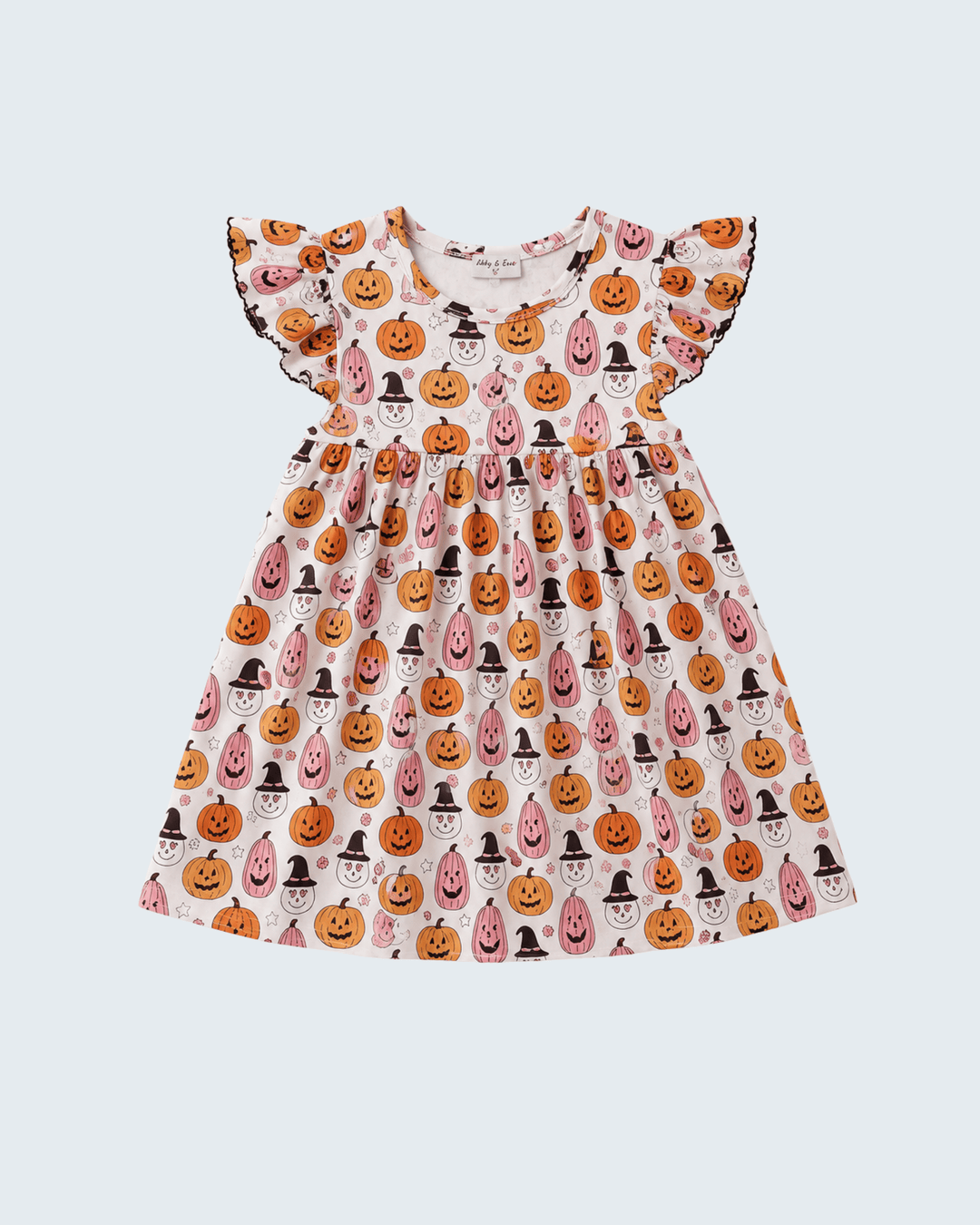 White pumpkin ruffle dress with short flutter sleeves and full skirt, all-over print