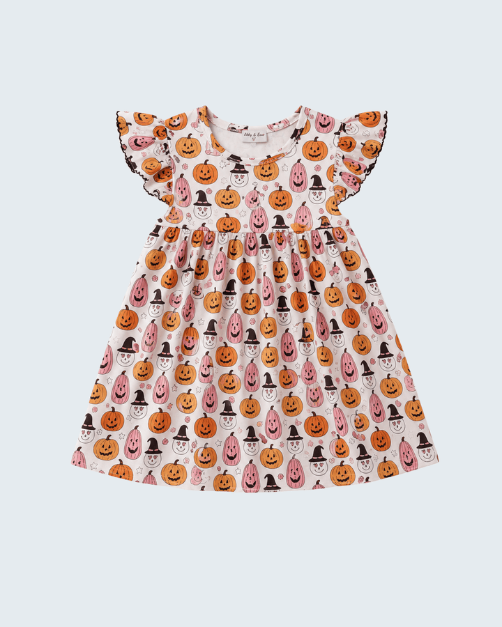 White pumpkin ruffle dress with short flutter sleeves and full skirt, all-over print