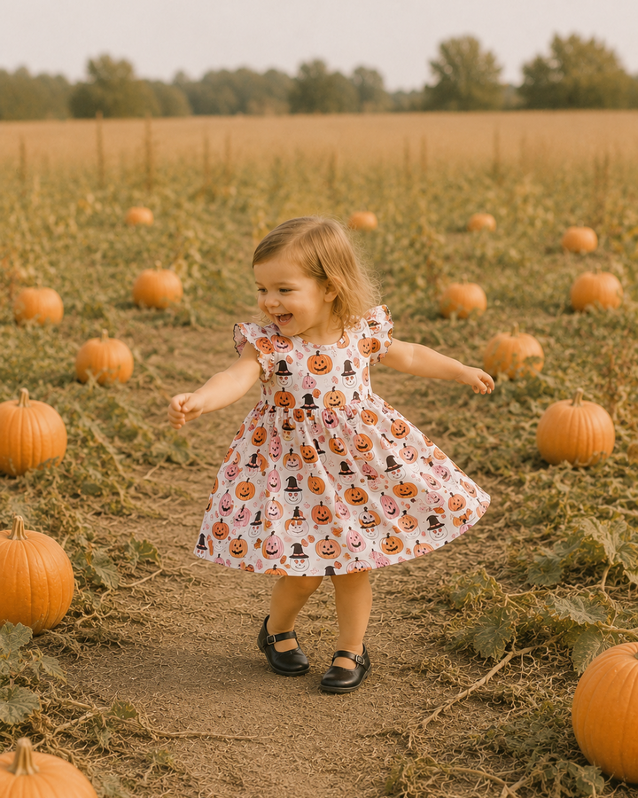 Child wearing a white Halloween pumpkin ruffle dress with flutter sleeves and full skirt