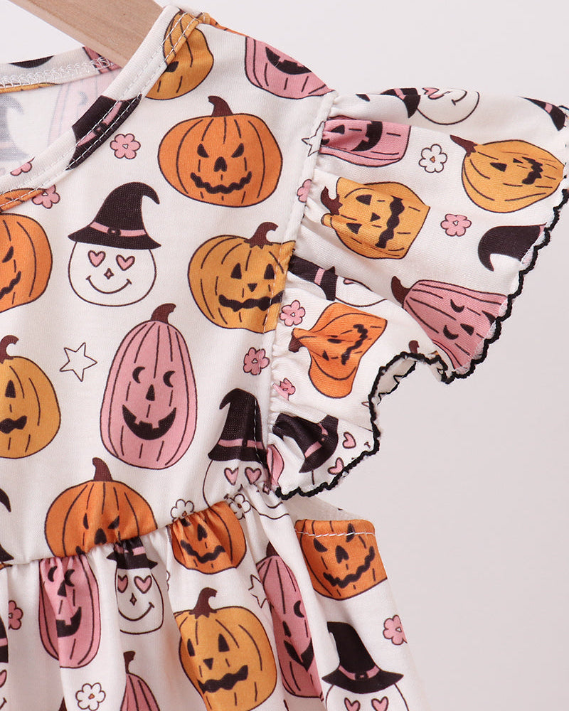 White Halloween ruffle-sleeve pumpkin dress close-up with gathered neckline