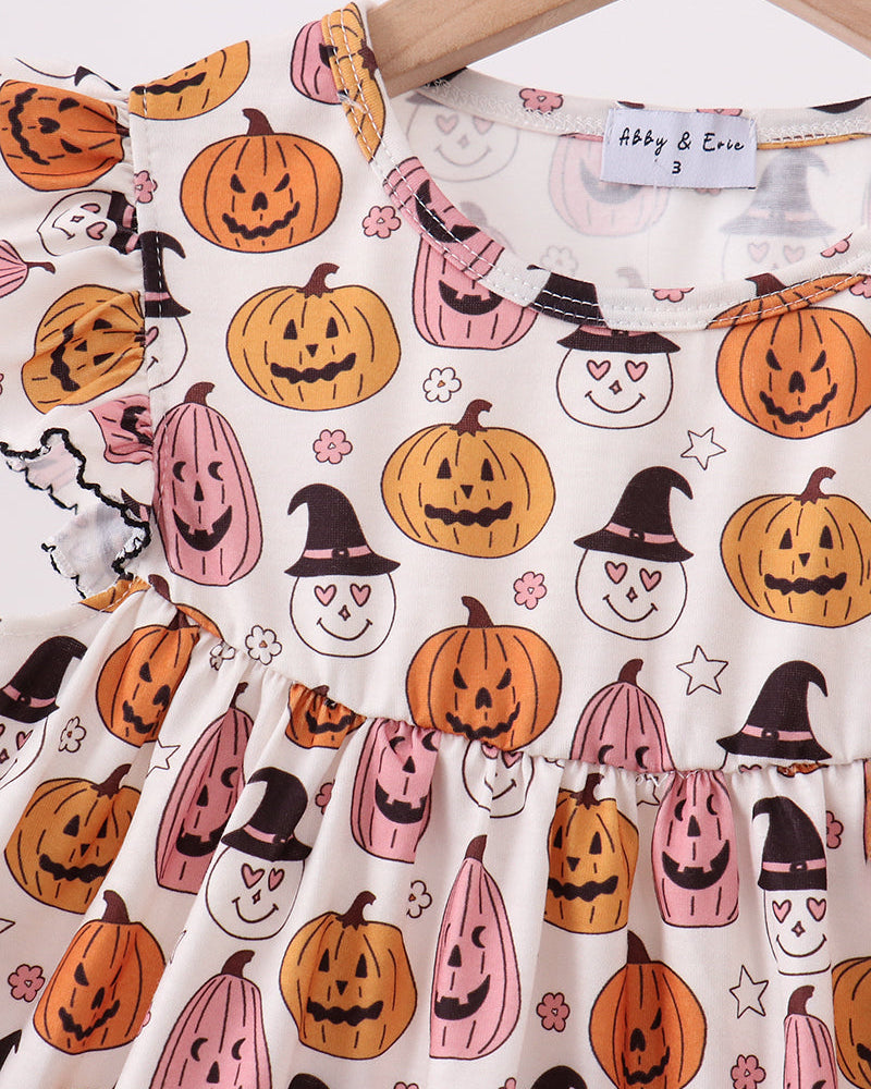 White Halloween pumpkin ruffle dress with scalloped sleeves and gathered skirt hem