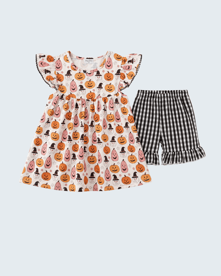 Pumpkin ruffle top and gingham shorts set, matching